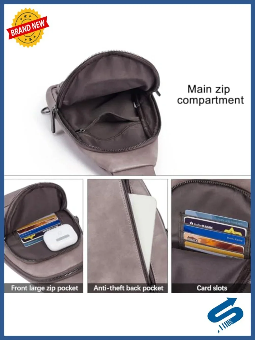 Faux Leather Sling Backpack Crossbody Bag for Women Men, Adjustable Strap,
